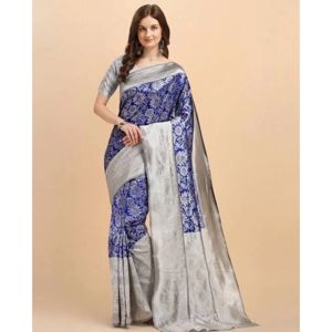 Blue Soft Lichi Silk Printed Saree with Unstitched Blouse, 5.5 m