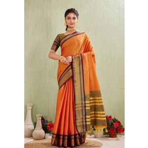 Orange Silk Blended Jacquard Woven Saree with Unstitched Blouse, 5.5 m