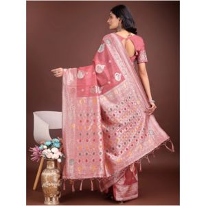 Pink Linen Cotton Printed Saree with Unstitched Blouse, 5.5 m