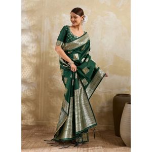 Dark Green Silk Blend Printed Saree with Unstitched Blouse, 5.5 m
