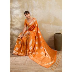 Orange Silk Blend Printed Saree with Unstitched Blouse, 5.5 m