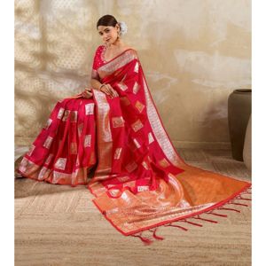 Red Silk Blend Printed Saree with Unstitched Blouse, 5.5 m