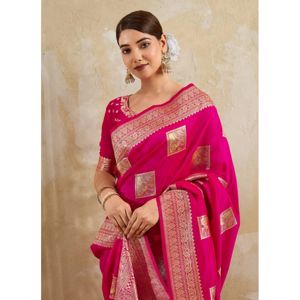 Magenta Silk Blend Printed Saree with Unstitched Blouse, 5.5 m