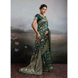 Bottle Green Silk Blend Printed Saree with Unstitched Blouse, 5.5 m