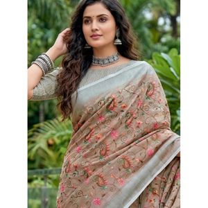 Brown Linen Floral Embroidered Saree with Unstitched Blouse, 5.5 m