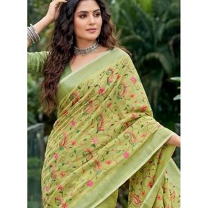 Light Green Linen Floral Embroidered Saree with Unstitched Blouse, 5.5 m