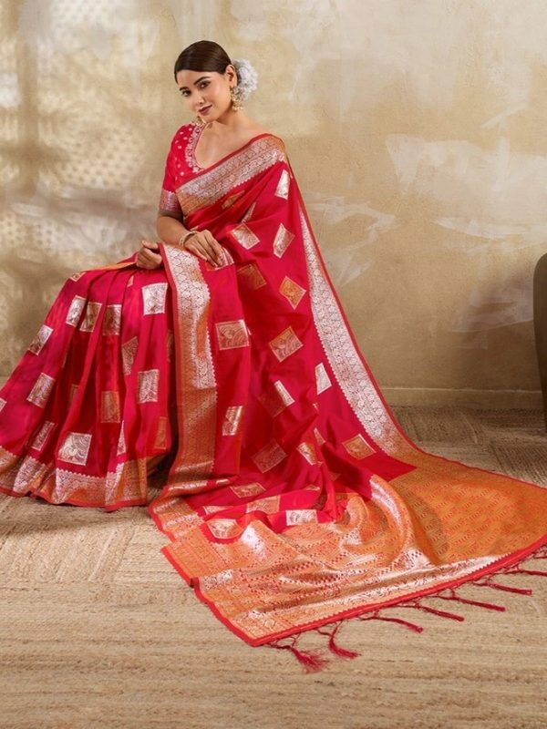 Red silk blend saree from the first collection